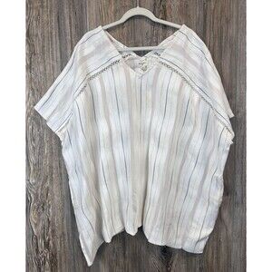 World Market Striped Poncho Kaftan Cover Up White One Size Pockets Boho Chic NWT